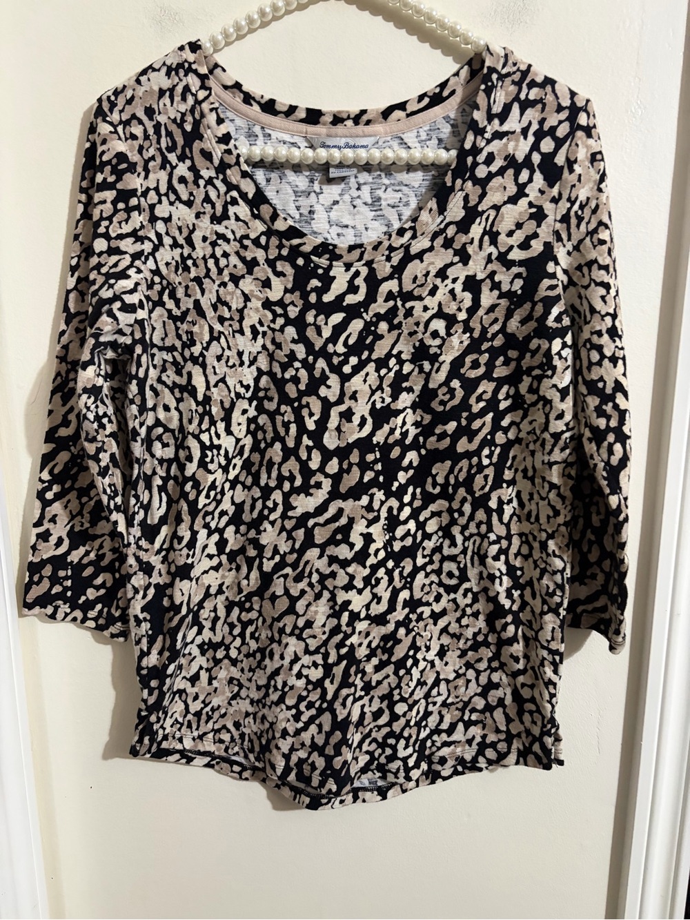 Tommy Bahama Black and Beige Animal Print Long Sleeve Scoop Neck Top